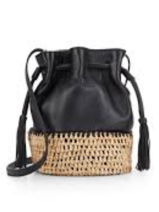 Loeffler Randall Handbags - Loeffler Randall Black Leather and Raffia Drawstring Bucket Bag